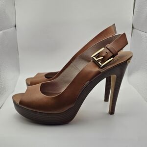 Michael Michael Kors Brown Leather Slingback Peep Toe Platform Heels - Sz 8
